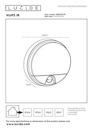 HUPS IR - Wandlamp Binnen/Buiten - Ø 21 cm - LED - 1x10W 3000K - IP54 - Bewegingssensor - Wit