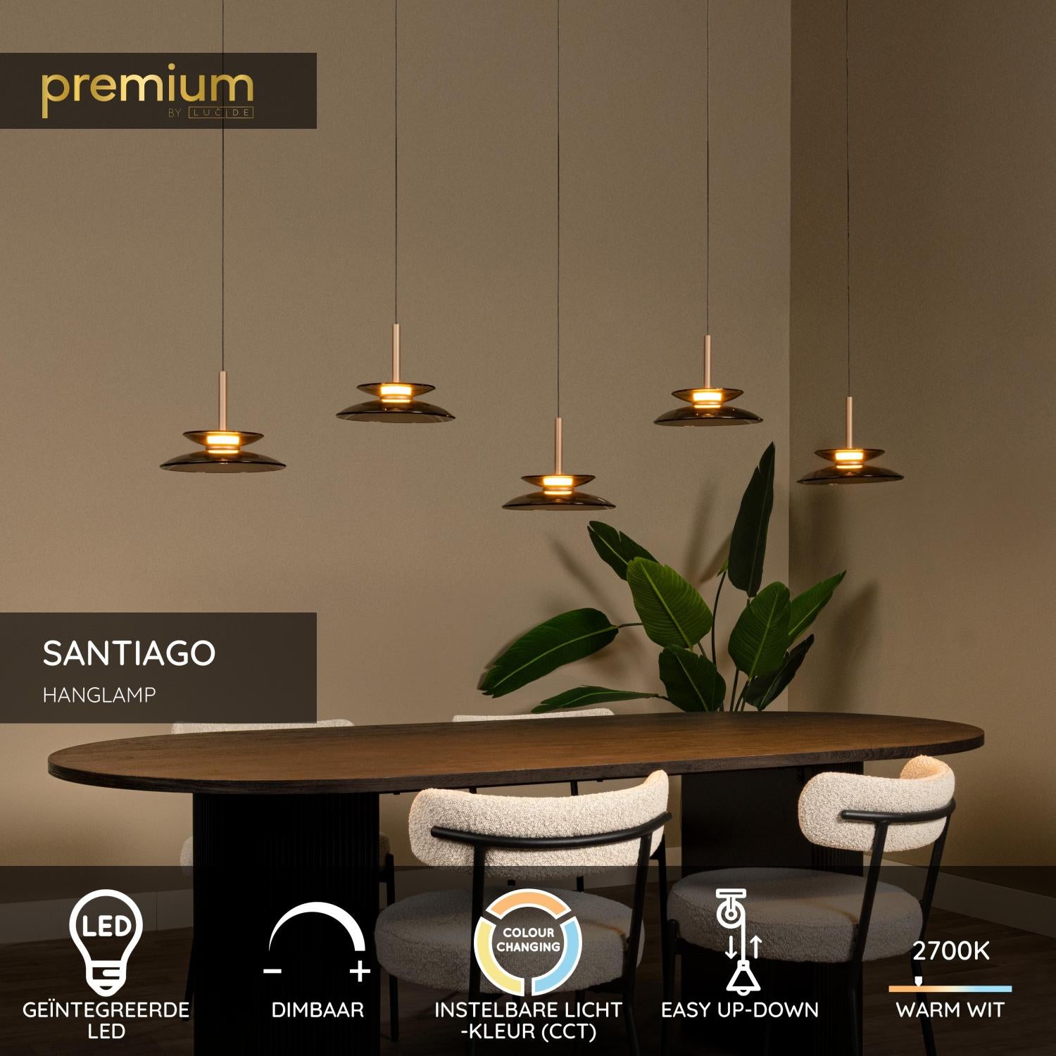 SANTIAGO - Suspension - LED Dimmable - CCT - 5x10W 2700K/4000K - Ambre