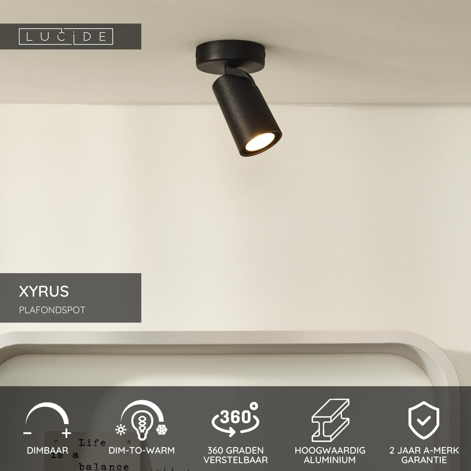 XYRUS - Plafondspot - Ø 9 cm - LED Dim to warm - GU10 - 1x5W 2200K/3000K - Zwart