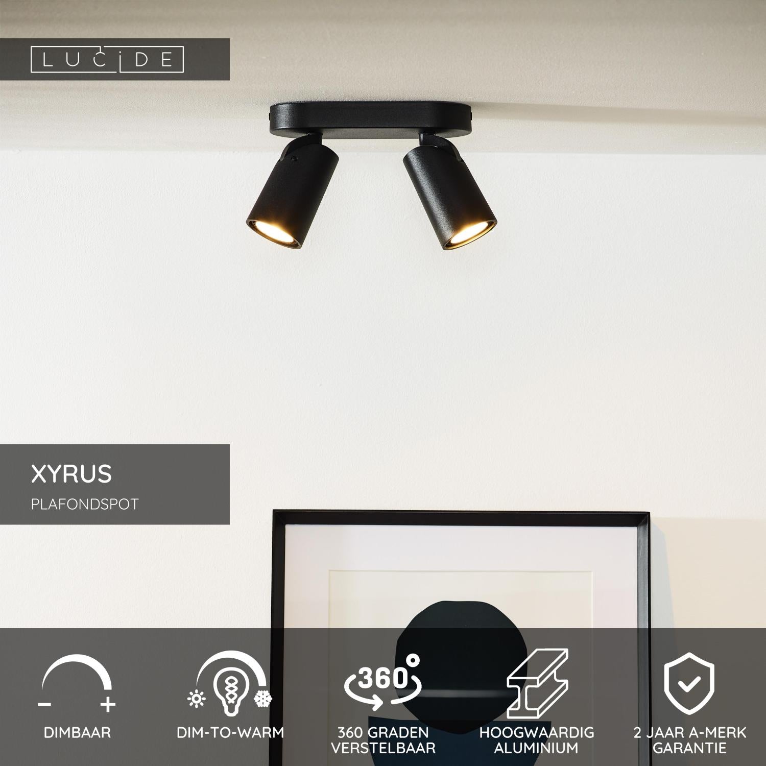XYRUS - Spot plafonnier - LED Dim to warm - GU10 - 2x5W 2200K/3000K - Noir