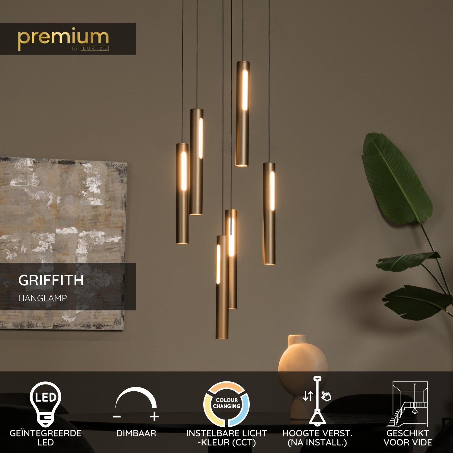 GRIFFITH - Suspension - Ø 38 cm - LED Dimmable - CCT - 6x6W 2700K/4000K - Convient aux vides et plafonds hauts - Bronze