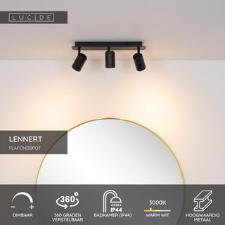 LENNERT - Plafondspot Badkamer - LED Dimb. - GU10 - 3x5W 3000K - IP44 - Zwart