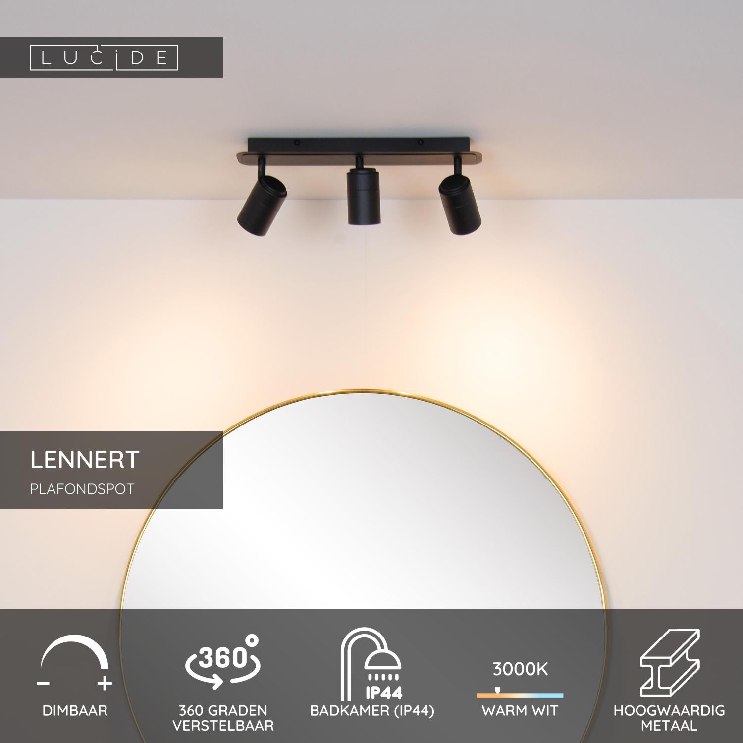 LENNERT - Plafondspot Badkamer - LED Dimb. - GU10 - 3x5W 3000K - IP44 - Zwart