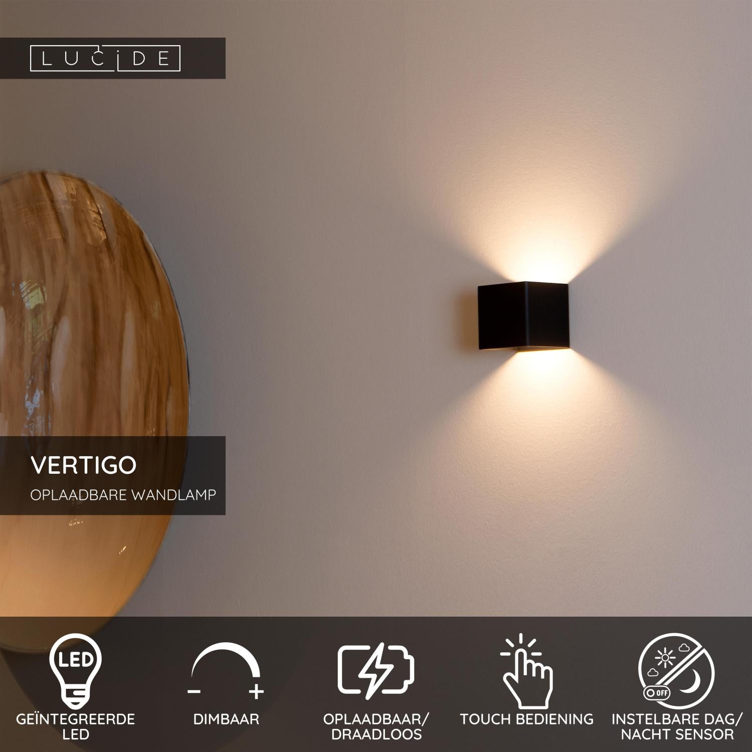 VERTIGO - Oplaadbare Wandlamp Binnen/Buiten - Accu/Batterij - LED Dimb. - 1x6W 2700K - IP54 - Bewegingssensor - Magnetisch - Zwart