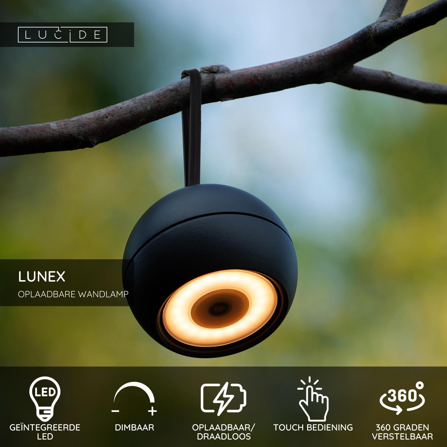 LUNEX - Applique murale rechargeable Intérieur/Extérieur - Batterie/Pile - LED Var. - 1x2W 3000K - IP54 - Magnétique - Noir