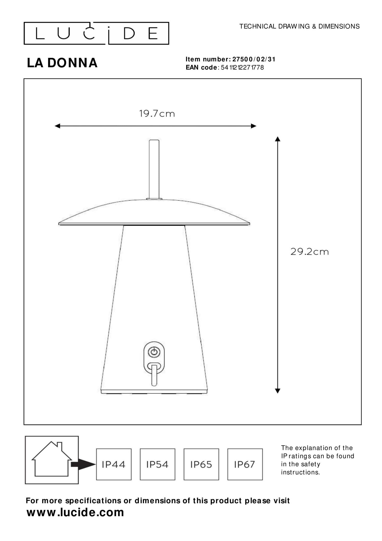 LA DONNA - Lampe de table rechargeable Intérieur/Extérieur - Batterie/Pile - Ø 19,7 cm - LED 3 StepDim - 1x2W 2700K - IP54 - Blanc