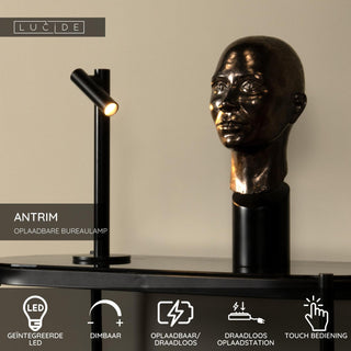ANTRIM - Oplaadbare Bureaulamp Binnen/Buiten - Accu/Batterij - LED Dimb. - 1x2,2W 2700K - IP54 - Met draadloos oplaadstation - Zwart