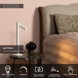 ANTRIM - Lampe de bureau rechargeable Intérieur/Extérieur - Batterie/Pile - LED Var. - 1x2,2W 2700K - IP54 - Avec station de charge sans fil - Blanc