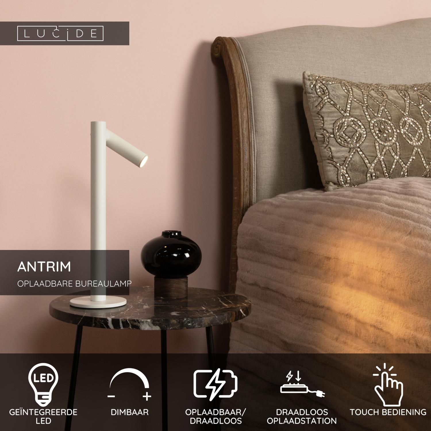 ANTRIM - Lampe de bureau rechargeable Intérieur/Extérieur - Batterie/Pile - LED Var. - 1x2,2W 2700K - IP54 - Avec station de charge sans fil - Blanc
