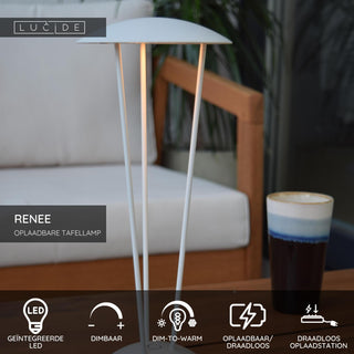 RENEE - Oplaadbare Tafellamp Binnen/Buiten - Accu/Batterij - Ø 12,3 cm - LED Dim to warm - 1x2,2W 2700K/3000K - IP54 - Met draadloos oplaadstation - Wit