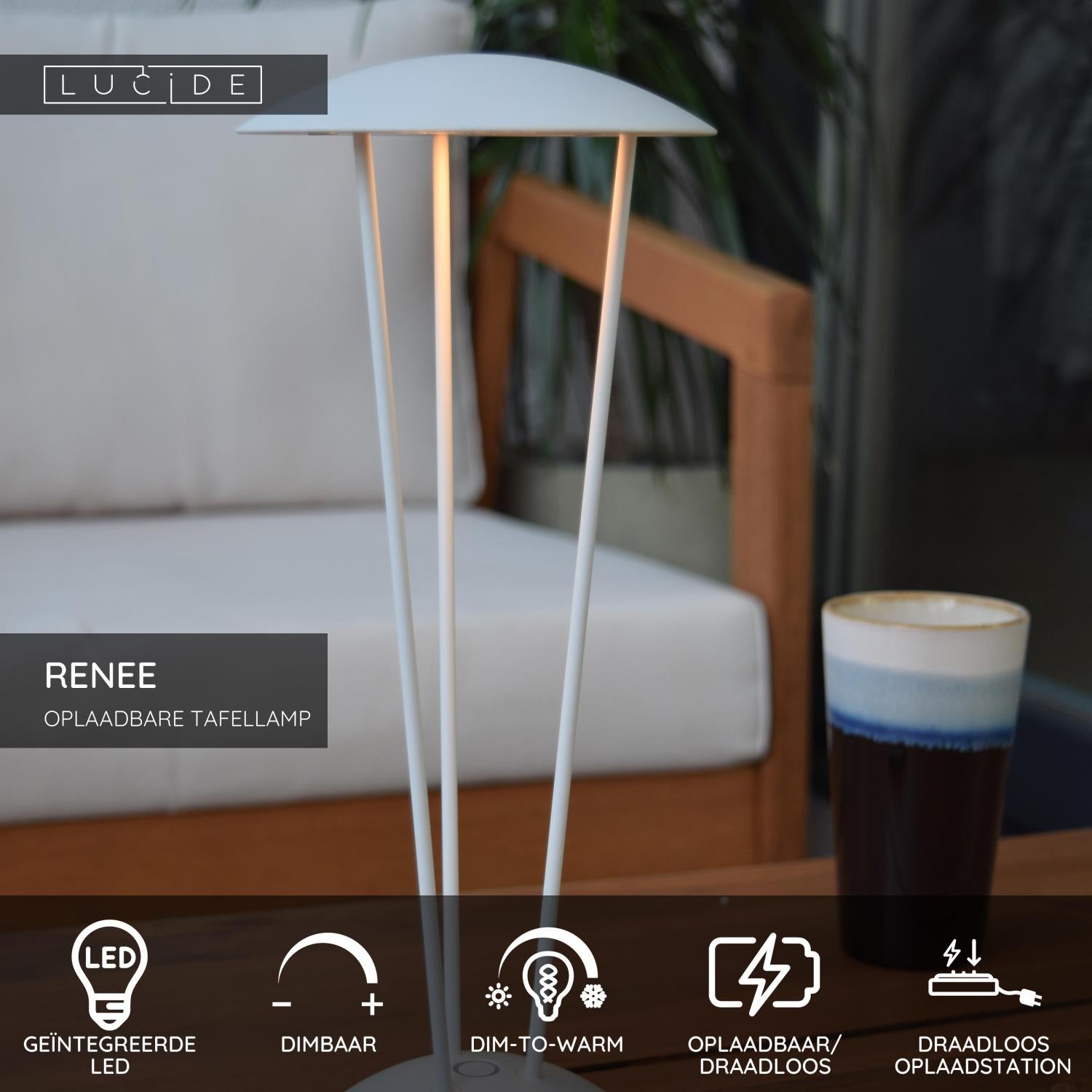 RENEE - Oplaadbare Tafellamp Binnen/Buiten - Accu/Batterij - Ø 12,3 cm - LED Dim to warm - 1x2,2W 2700K/3000K - IP54 - Met draadloos oplaadstation - Wit