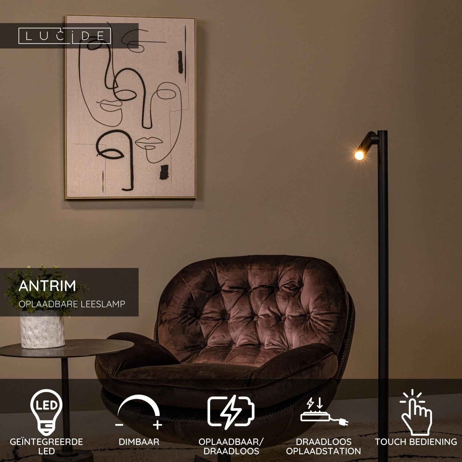 ANTRIM - Oplaadbare Leeslamp Binnen/Buiten - Accu/Batterij - LED Dimb. - 1x2,2W 2700K - IP54 - Met draadloos oplaadstation - Zwart