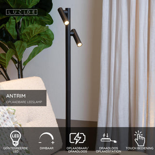 ANTRIM - Liseuse rechargeable Intérieur/Extérieur - Batterie/Pile - LED Var. - 2x2,2W 2700K - IP54 - Avec station de charge sans fil - Noir