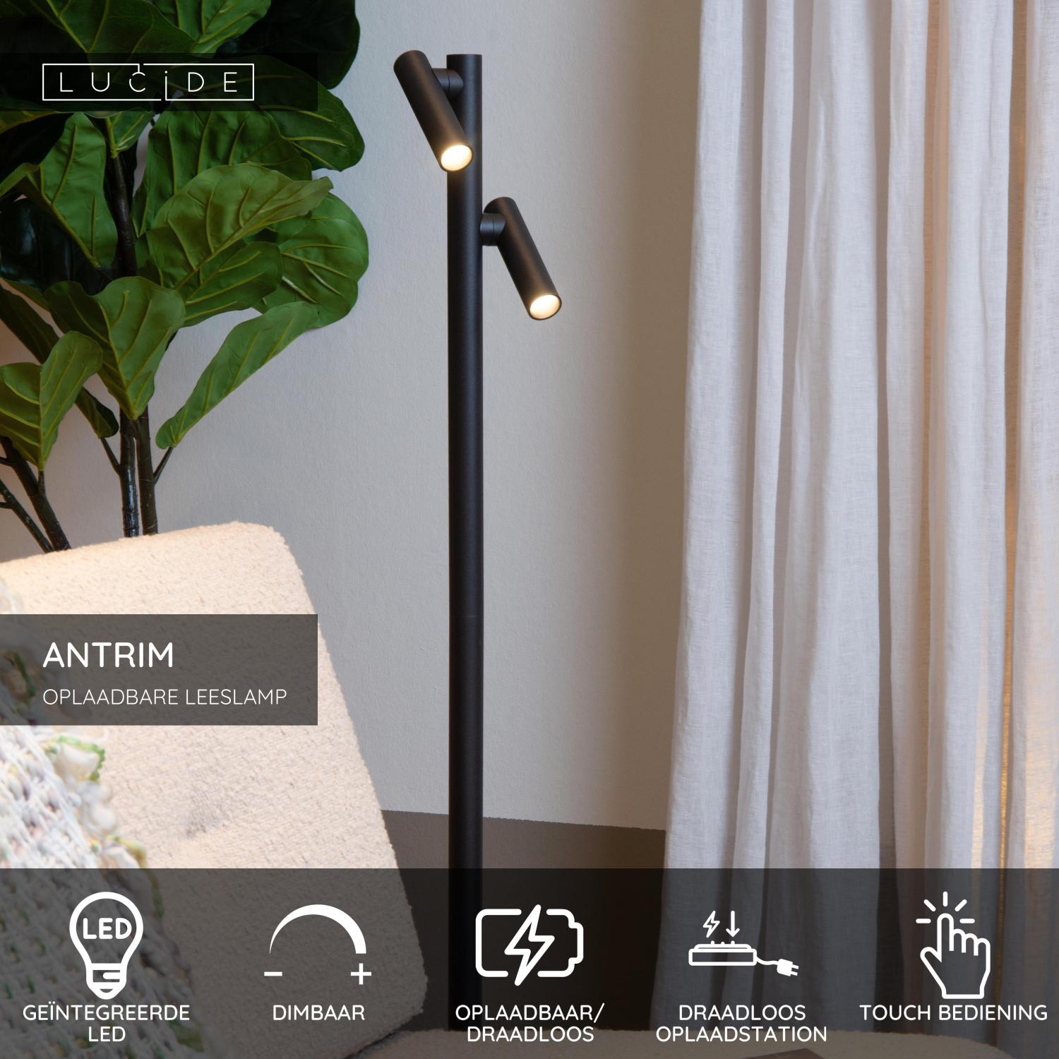 ANTRIM - Oplaadbare Leeslamp Binnen/Buiten - Accu/Batterij - LED Dimb. - 2x2,2W 2700K - IP54 - Met draadloos oplaadstation - Zwart