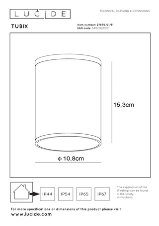 TUBIX - Spot plafonnier Intérieur/Extérieur - Ø 10,8 cm - 1xE27 - IP54 - Blanc