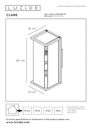 CLAIRE - Applique murale Intérieur/Extérieur - 2xE27 - IP54 - Anthracite