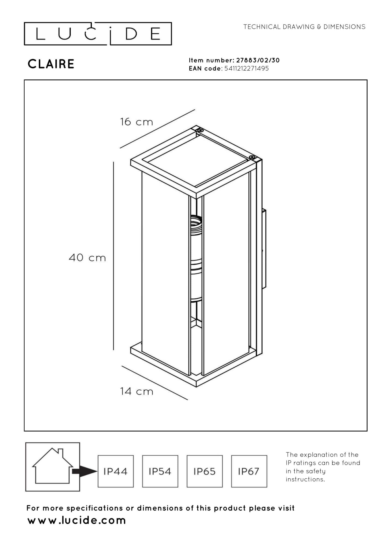 CLAIRE - Applique murale Intérieur/Extérieur - 2xE27 - IP54 - Anthracite