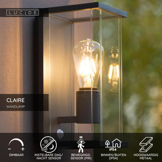 CLAIRE - Wandlamp Binnen/Buiten - 1xE27 - IP54 - Beweging & dag/nacht sensor - Antraciet