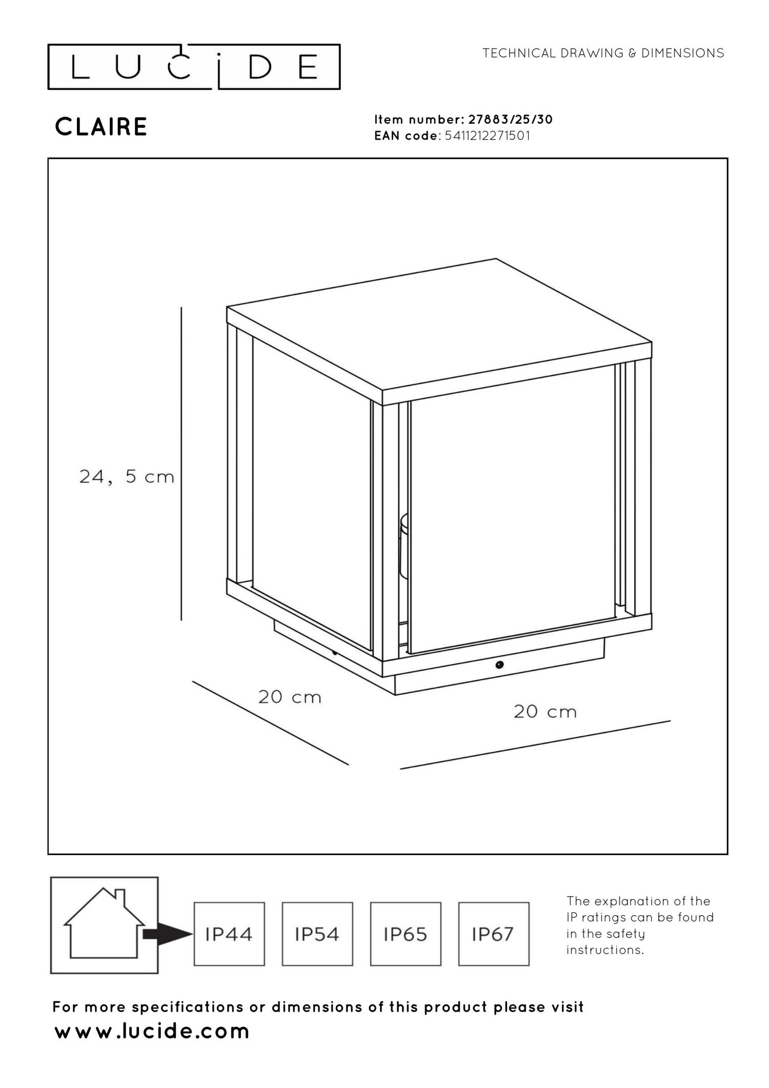 CLAIRE - Sokkellamp - 1xE27 - IP54 - Antraciet