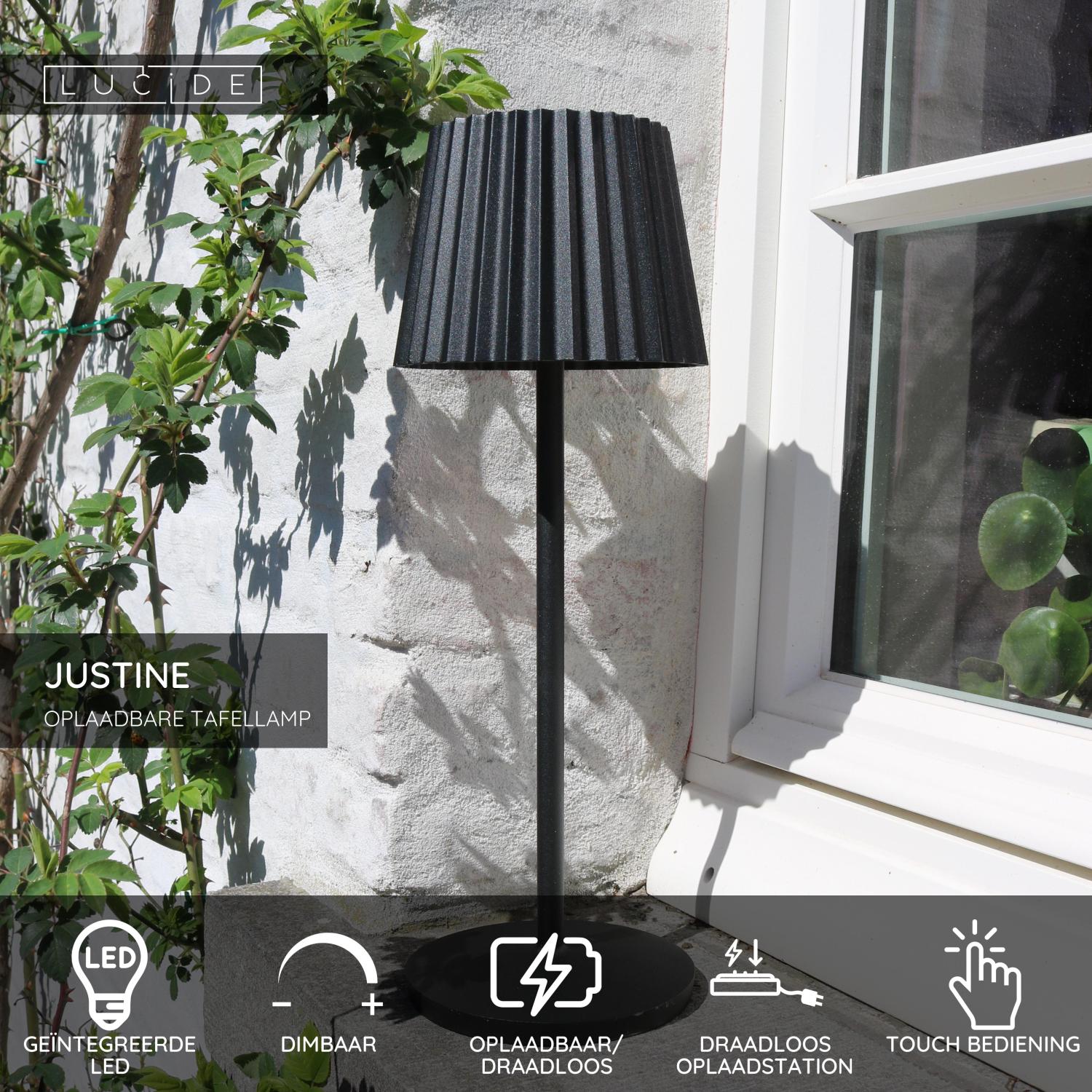 JUSTINE - Oplaadbare Tafellamp Binnen/Buiten - Accu/Batterij - LED Dimb. - 1x2W 2700K - IP54 - Met draadloos oplaadstation - Zwart