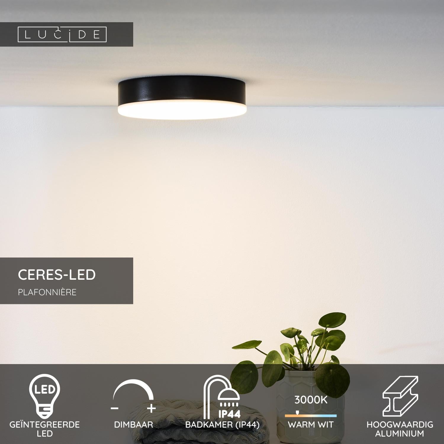 CERES-LED - Plafonnière Badkamer - Ø 21,5 cm - LED Dimb. - 1x30W 3000K - IP44 - Zwart