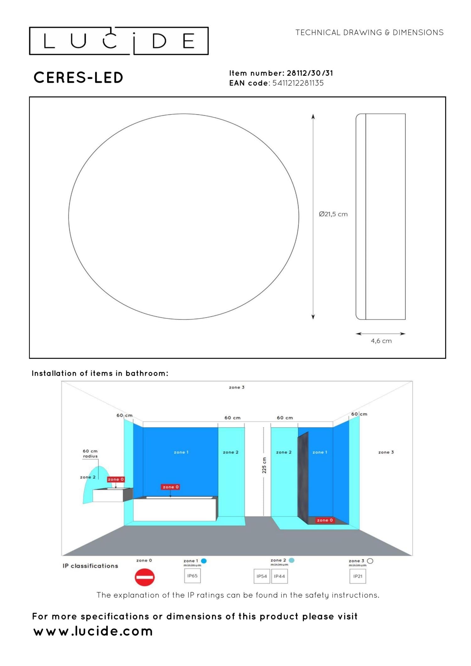 CERES-LED - Plafonnière Badkamer - Ø 21,5 cm - LED Dimb. - 1x30W 3000K - IP44 - Wit