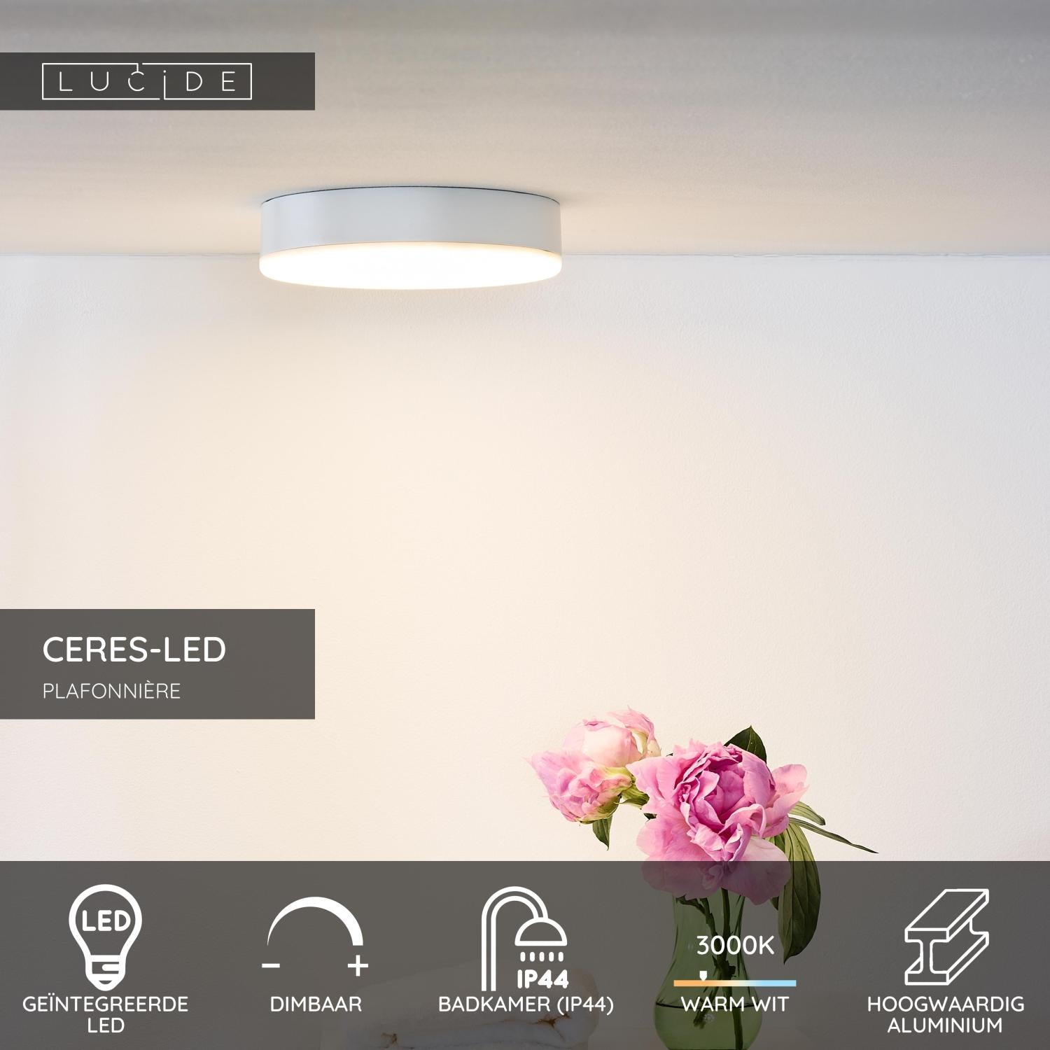 CERES-LED - Plafonnière Badkamer - Ø 21,5 cm - LED Dimb. - 1x30W 3000K - IP44 - Wit