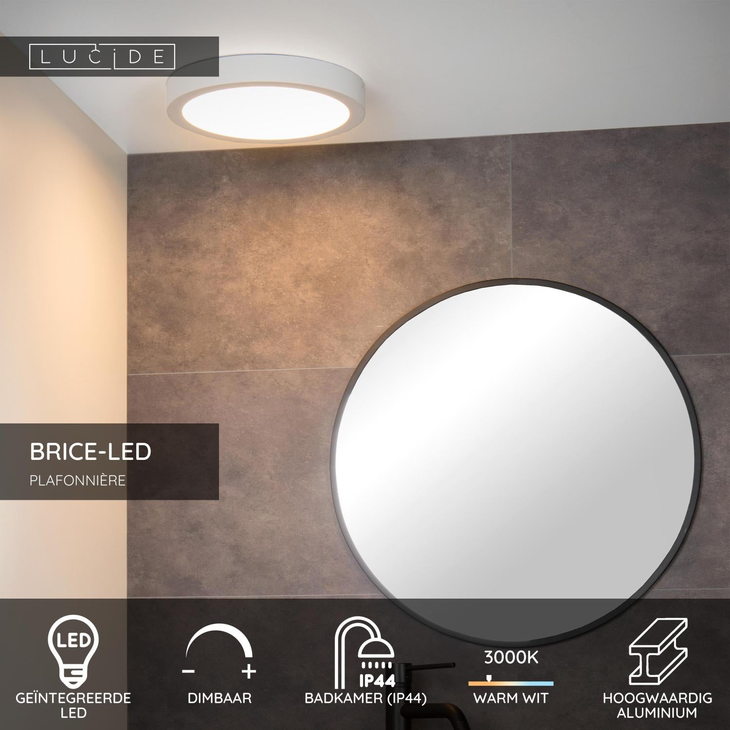 BRICE-LED - Plafonnière Badkamer - Ø 30 cm - LED Dimb. - 1x30W 3000K - IP44 - Wit
