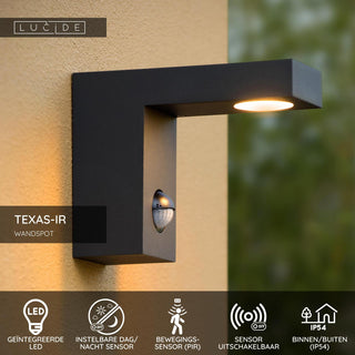 TEXAS-IR - Wall spot / Wall light Indoor/Outdoor - LED - 1x7W 3000K - IP54 - Motion & day/night sensor (can be switched off) - Anthracite