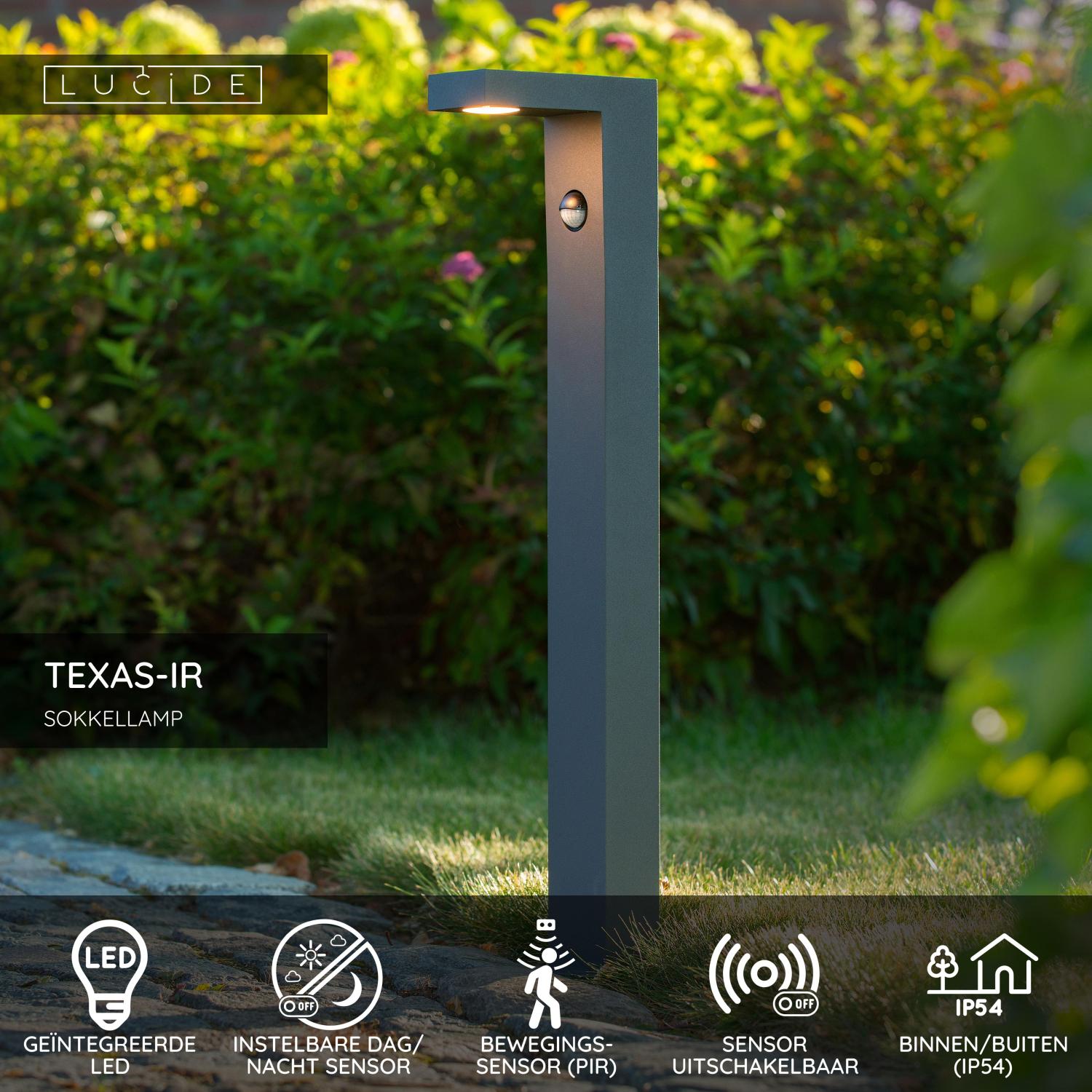 TEXAS-IR - Sokkellamp - LED - 1x7W 3000K - IP54 - Beweging & dag/nacht sensor (uitschakelbaar) - Antraciet