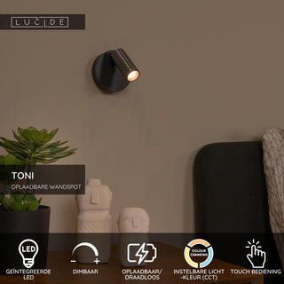 TONI - Oplaadbare Wandspot / Wandlamp - Accu/Batterij - Ø 8,1 cm - LED Dimb. - CCT - 1x2W 2700K/4000K - Magnetisch - Grijs ijzer