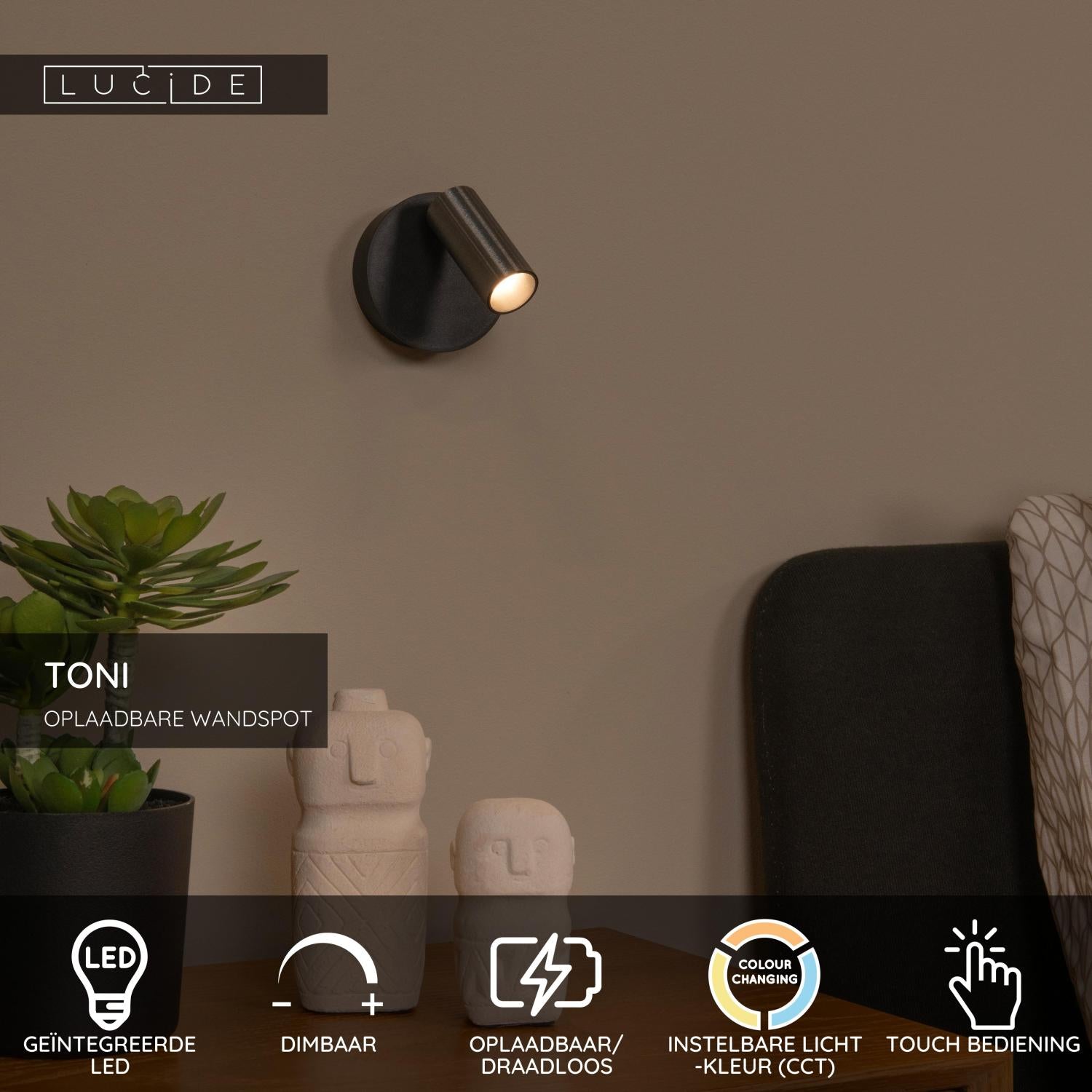 TONI - Oplaadbare Wandspot / Wandlamp - Accu/Batterij - Ø 8,1 cm - LED Dimb. - CCT - 1x2W 2700K/4000K - Magnetisch - Grijs ijzer