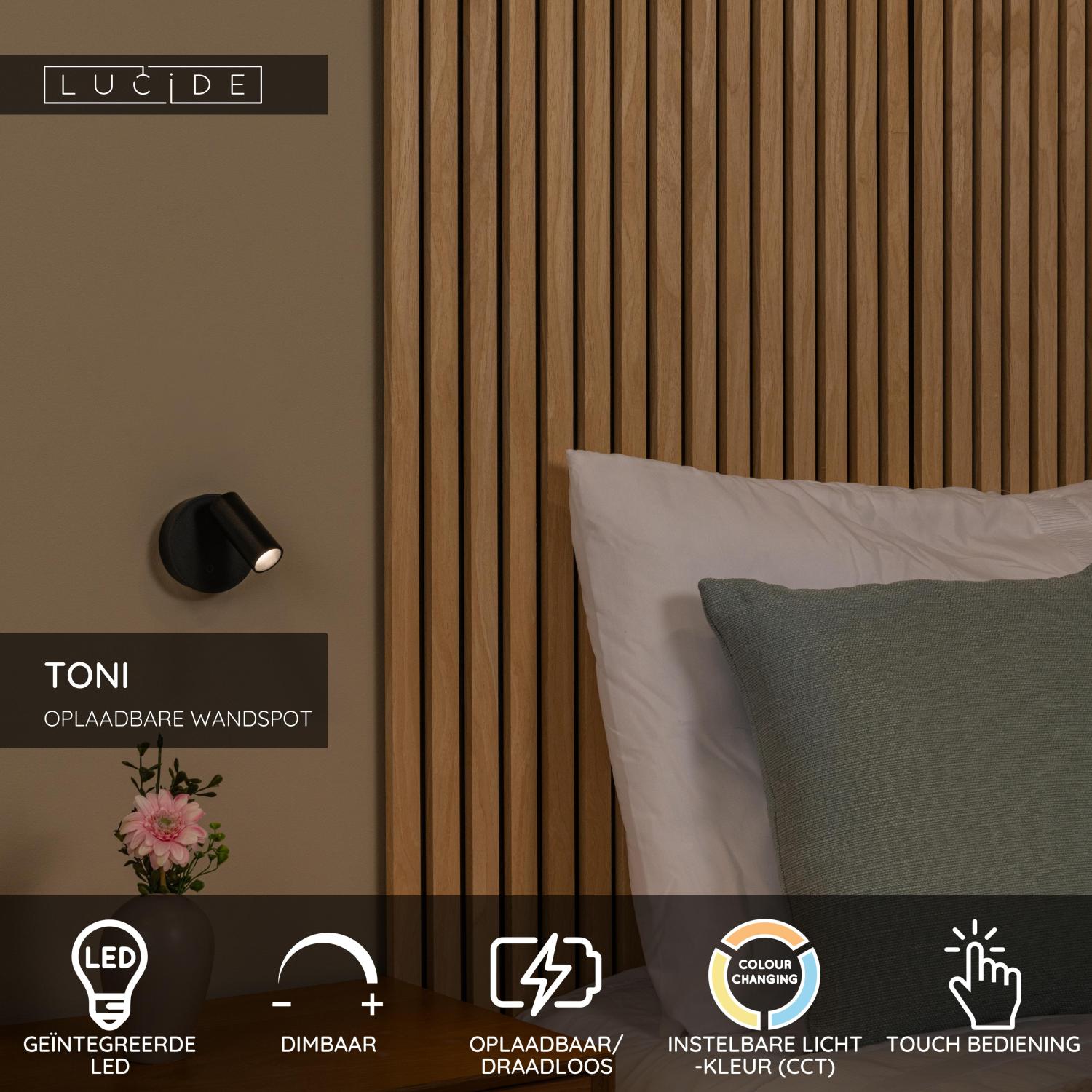 TONI - Oplaadbare Wandspot / Wandlamp - Accu/Batterij - Ø 8,1 cm - LED Dimb. - CCT - 1x2W 2700K/4000K - Magnetisch - Zwart