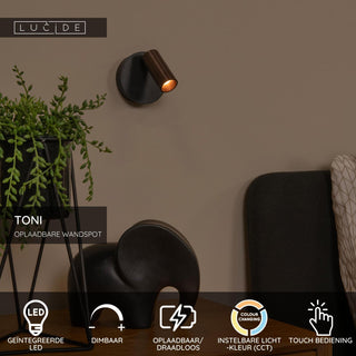 TONI - Oplaadbare Wandspot / Wandlamp - Accu/Batterij - Ø 8,1 cm - LED Dimb. - CCT - 1x2W 2700K/4000K - Magnetisch - Koffie