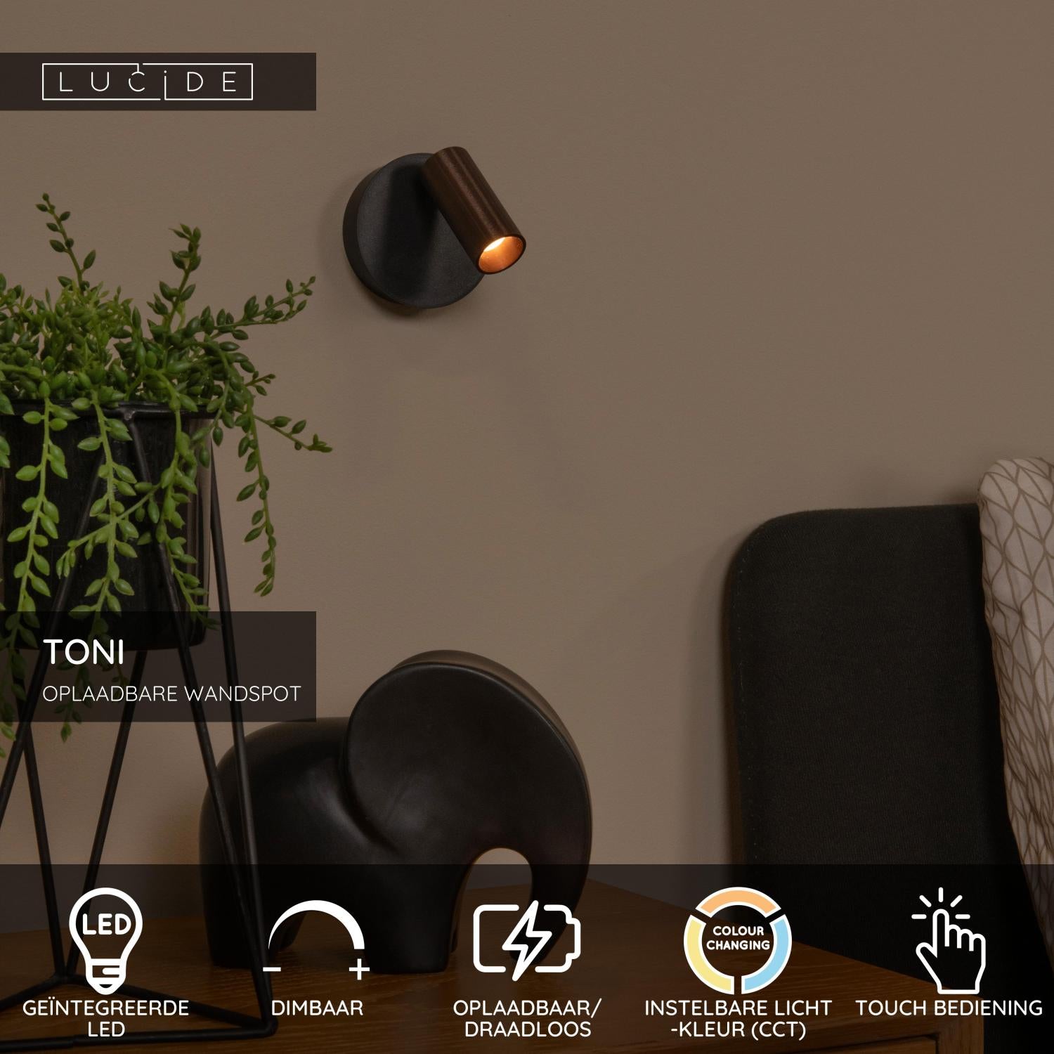 TONI - Oplaadbare Wandspot / Wandlamp - Accu/Batterij - Ø 8,1 cm - LED Dimb. - CCT - 1x2W 2700K/4000K - Magnetisch - Koffie