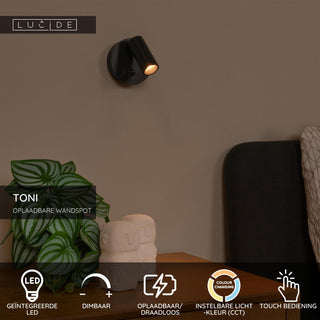 TONI - Oplaadbare Wandspot / Wandlamp - Accu/Batterij - Ø 8,1 cm - LED Dimb. - CCT - 1x2W 2700K/4000K - Bewegingssensor (uitschakelbaar) - Magnetisch - Zwart