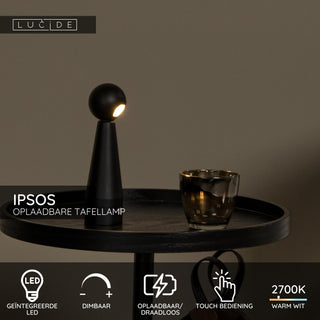 IPSOS - Oplaadbare Tafellamp - Accu/Batterij - LED Dimb. - 1x3W 2700K - Zwart