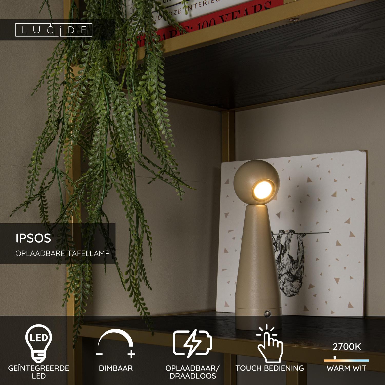 IPSOS - Oplaadbare Tafellamp - Accu/Batterij - LED Dimb. - 1x3W 2700K - Taupe
