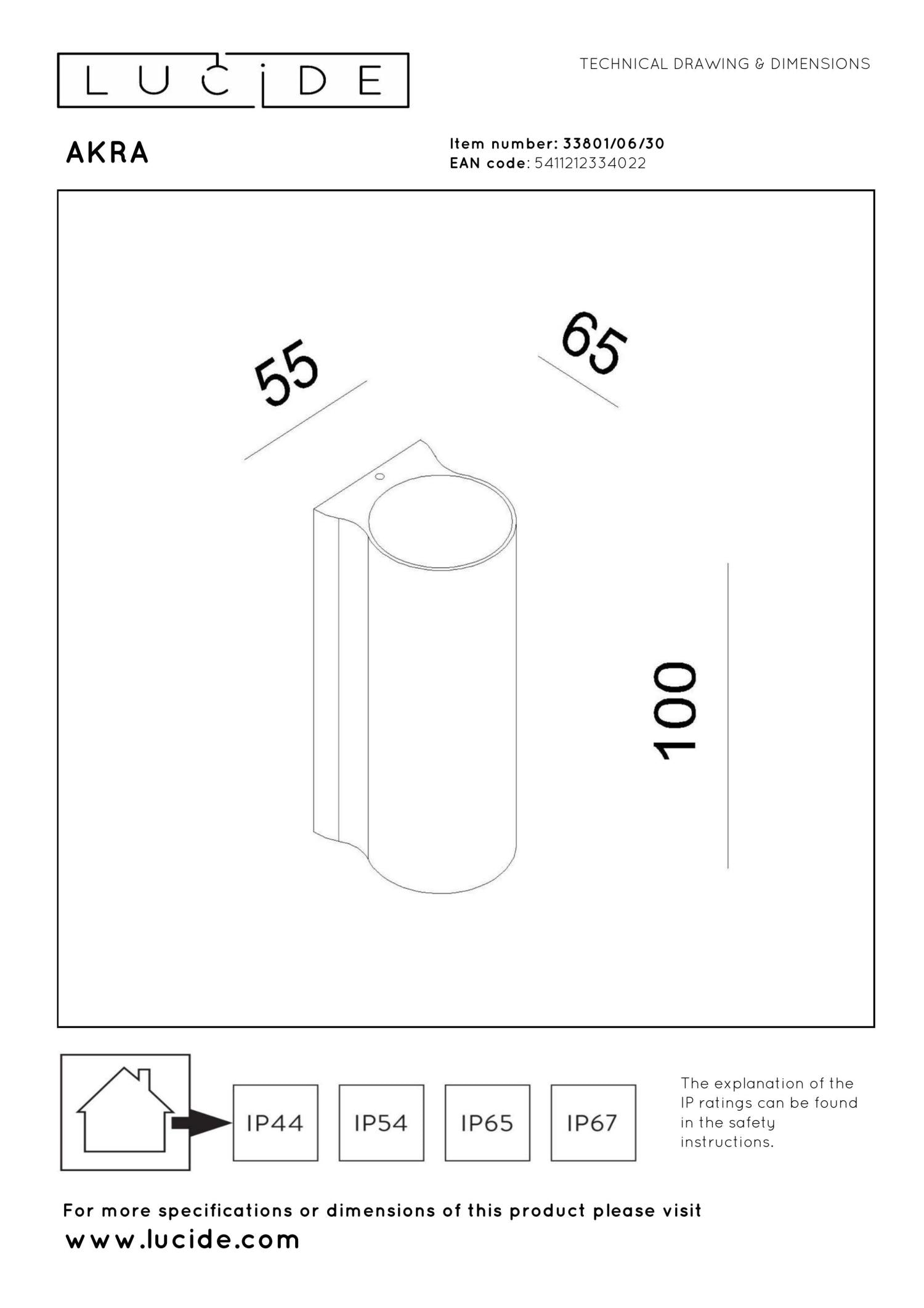 AKRA - Wandlamp Binnen/Buiten - LED - 1x6W 2700K - IP54 - Zwart