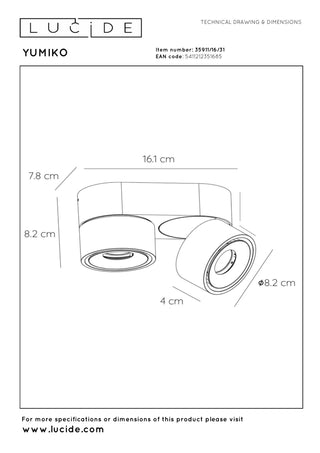 YUMIKO - Plafondspot - Ø 7,8 cm - LED Dimb. - 2x10W 2700K - Wit