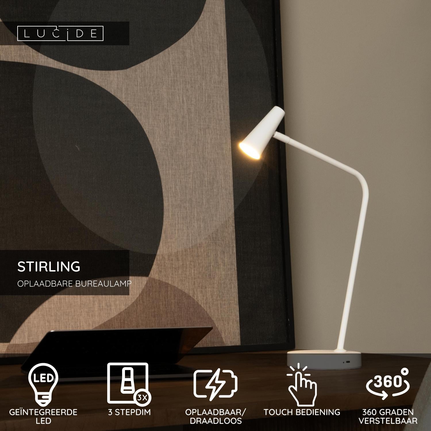 STIRLING - Rechargeable desk lamp - Battery - LED 3 StepDim - 1x3W 2700K - White