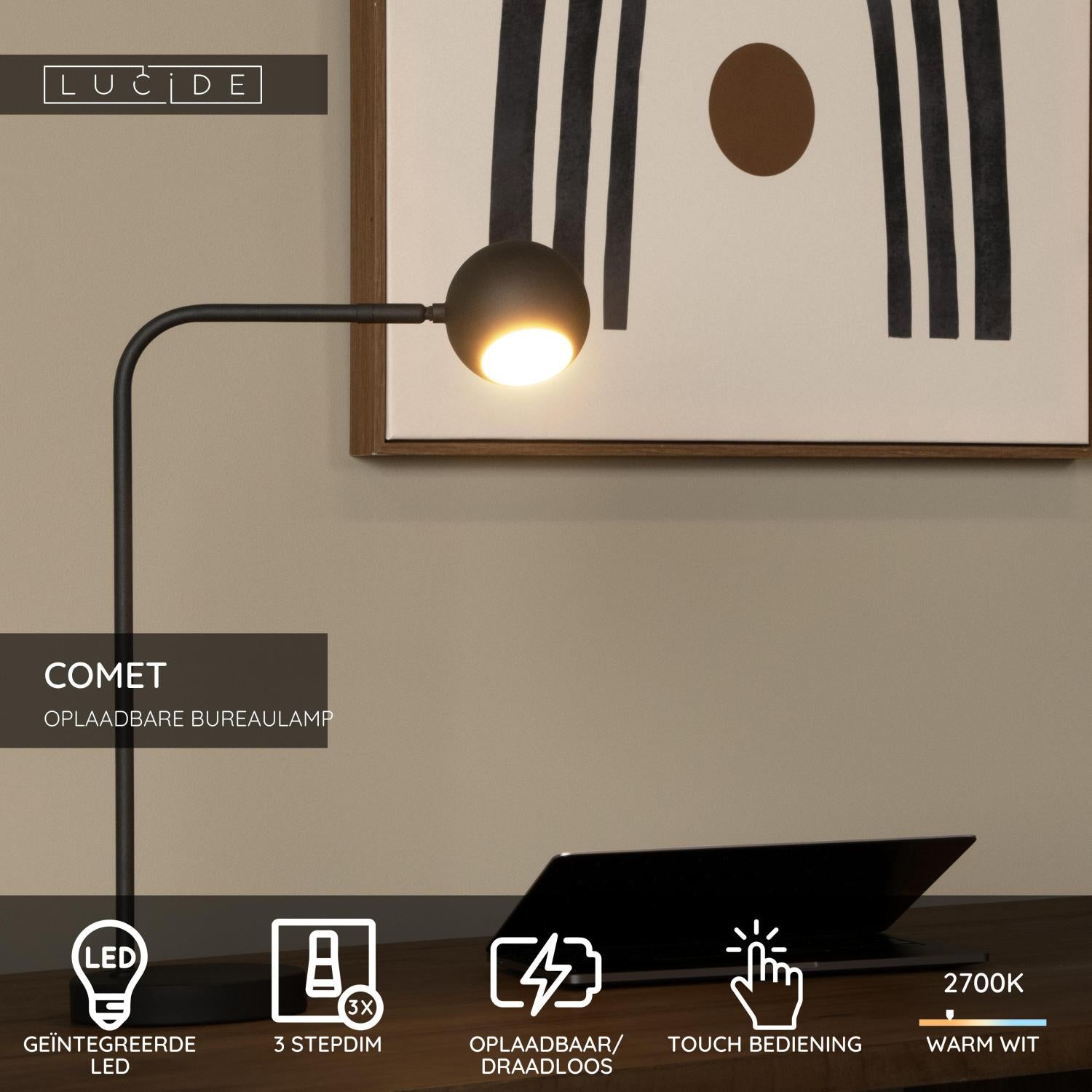 COMET - Rechargeable desk lamp - Battery - LED 3 StepDim - 1x3W 2700K - Black