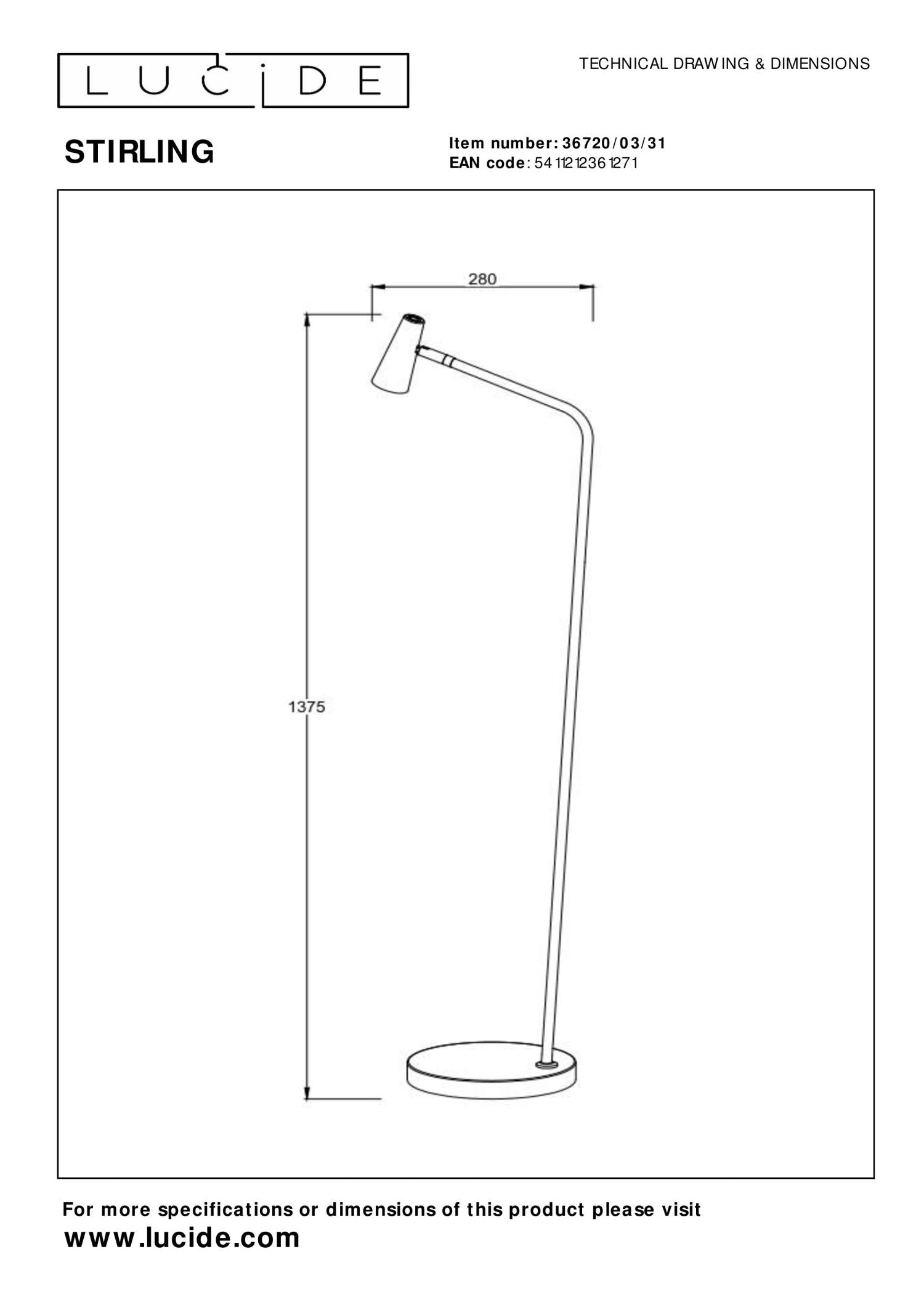 STIRLING - Lampadaire rechargeable - Batterie/Pile - LED 3 StepDim - 1x3W 2700K - Blanc