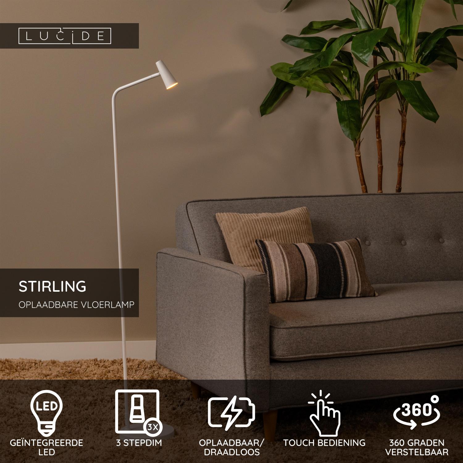 STIRLING - Lampadaire rechargeable - Batterie/Pile - LED 3 StepDim - 1x3W 2700K - Blanc