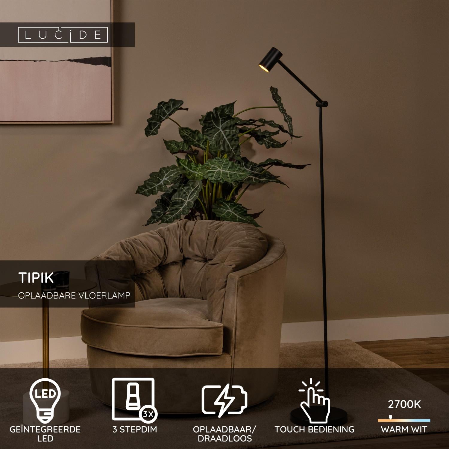 TIPIK - Oplaadbare Vloerlamp - Accu/Batterij - LED 3 StepDim - 1x3W 2700K - Zwart