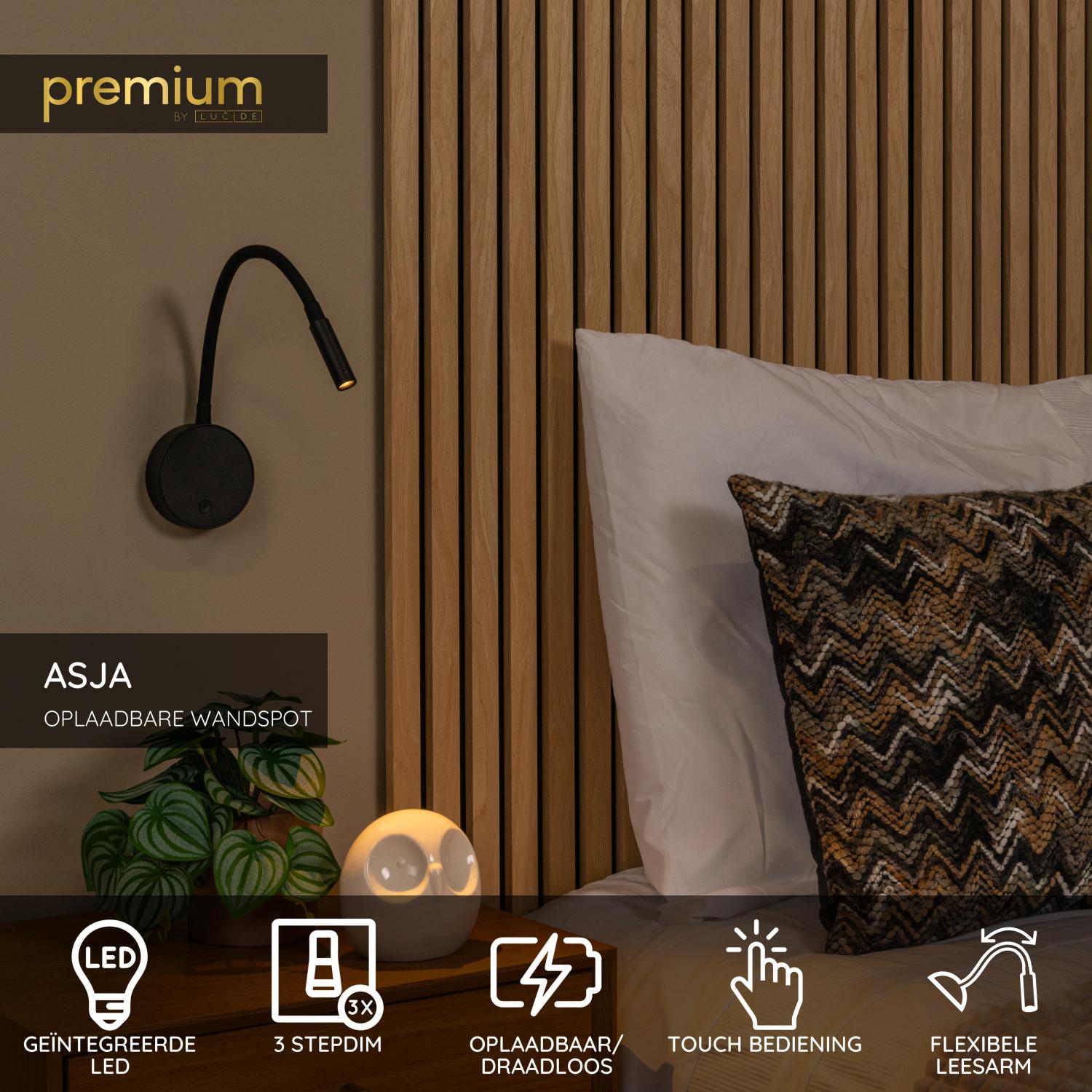ASJA - Oplaadbare Wandspot / Wandlamp - Accu/Batterij - LED 3 StepDim - 1x3W 2700K - Zwart