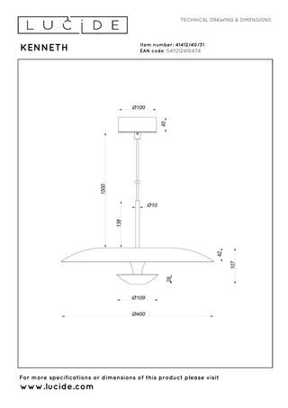KENNETH - Pendant light - Ø 40 cm - LED Dimmable - 1x12W 2700K - White