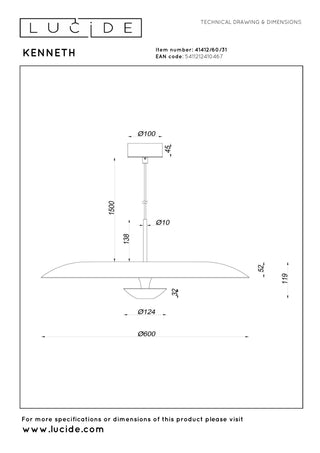 KENNETH - Hanglamp - Ø 60 cm - LED Dimb. - 1x16W 2700K - Wit