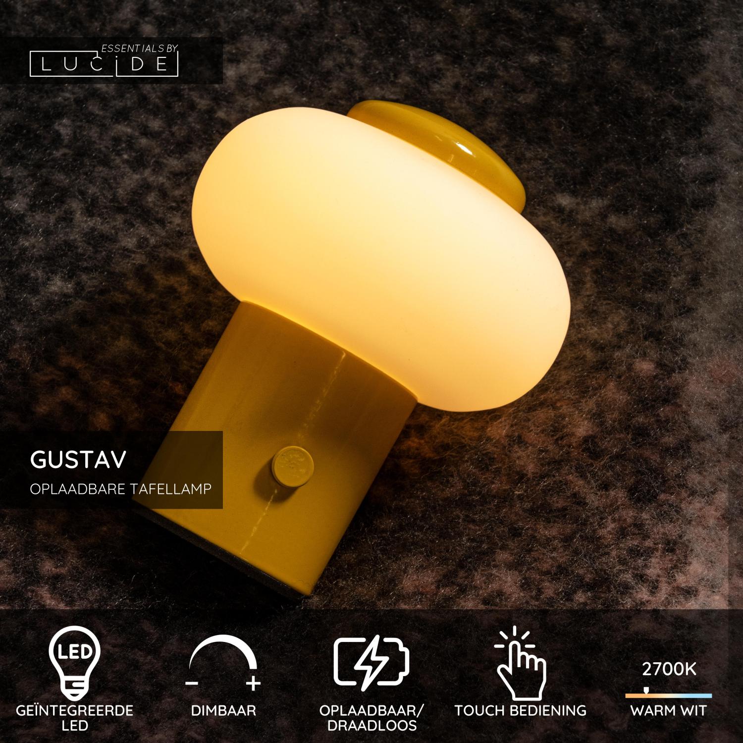 GUSTAV - Oplaadbare Tafellamp - Accu/Batterij - Ø 8 cm - LED Dimb. - 1x0,8W 2700K - Geel | Essential