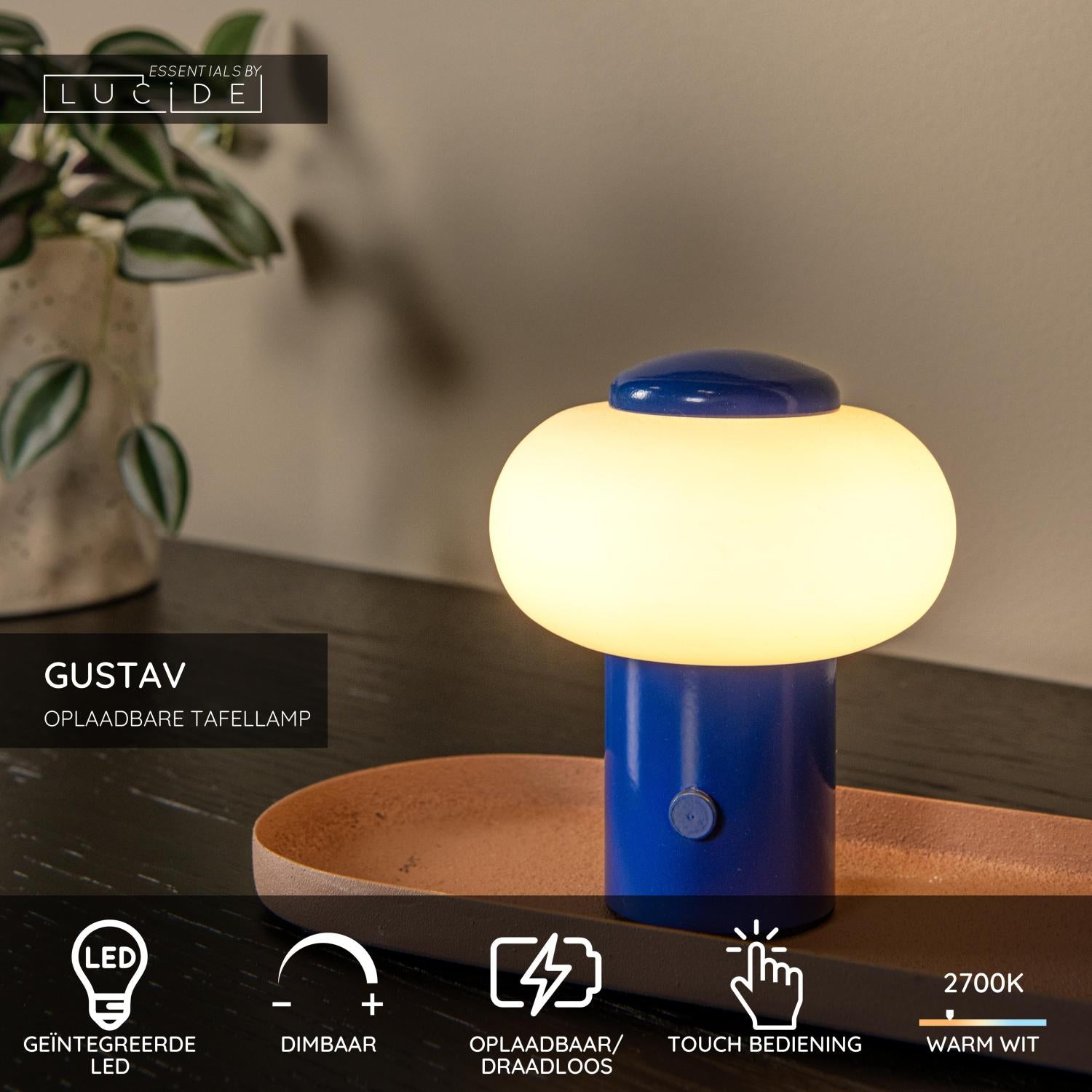 GUSTAV - Lampe de table rechargeable - Batterie/Pile - Ø 8 cm - LED Var. - 1x0,8W 2700K - Bleu | Essential